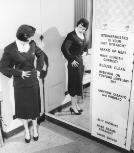 Once you got your foot in the door as a stewardess on a mid-century American airline, you not only had to maintain the good looks and weight that won you the job in the first place, but you also had to pay strict attention to your head to toe grooming and deportment.  Photo courtesy United Airlines.