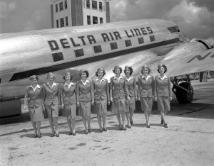 No, this isn't a Radio City Rockettes kick line. It's a Delta Air Lines Stewardess graduation photo, circa 1944, as seen in FLY WITH ME on PBS AMERICAN EXPERIENCE. Photo courtesy Delta Air Lines.